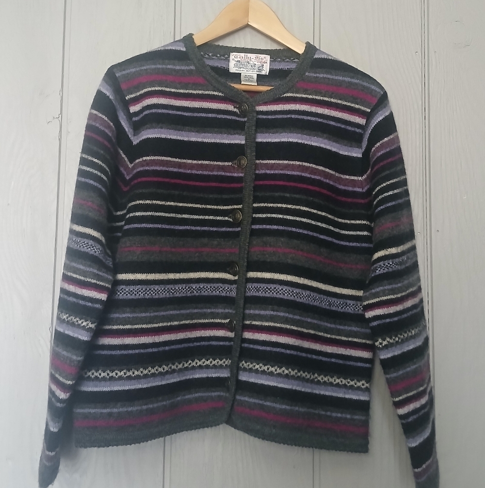 Wool Stripped Button Down Sweater Tally Ho Purple Gray Medium